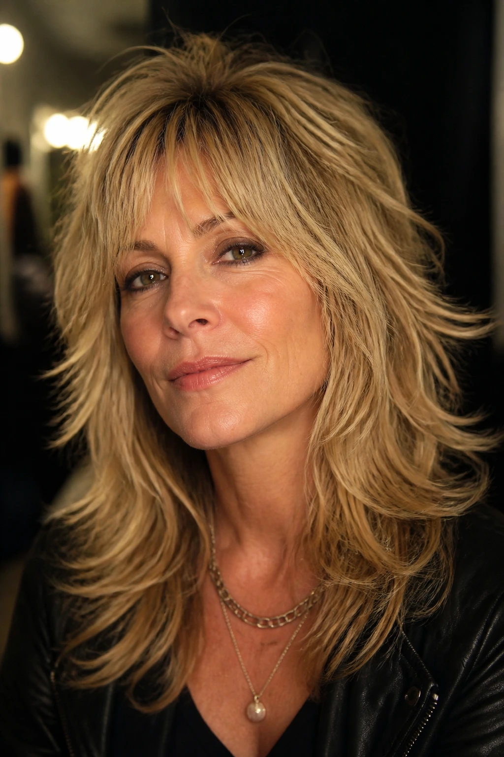 Portrait of a woman with retro rocker shag showing flicked-out ends and lifted crown