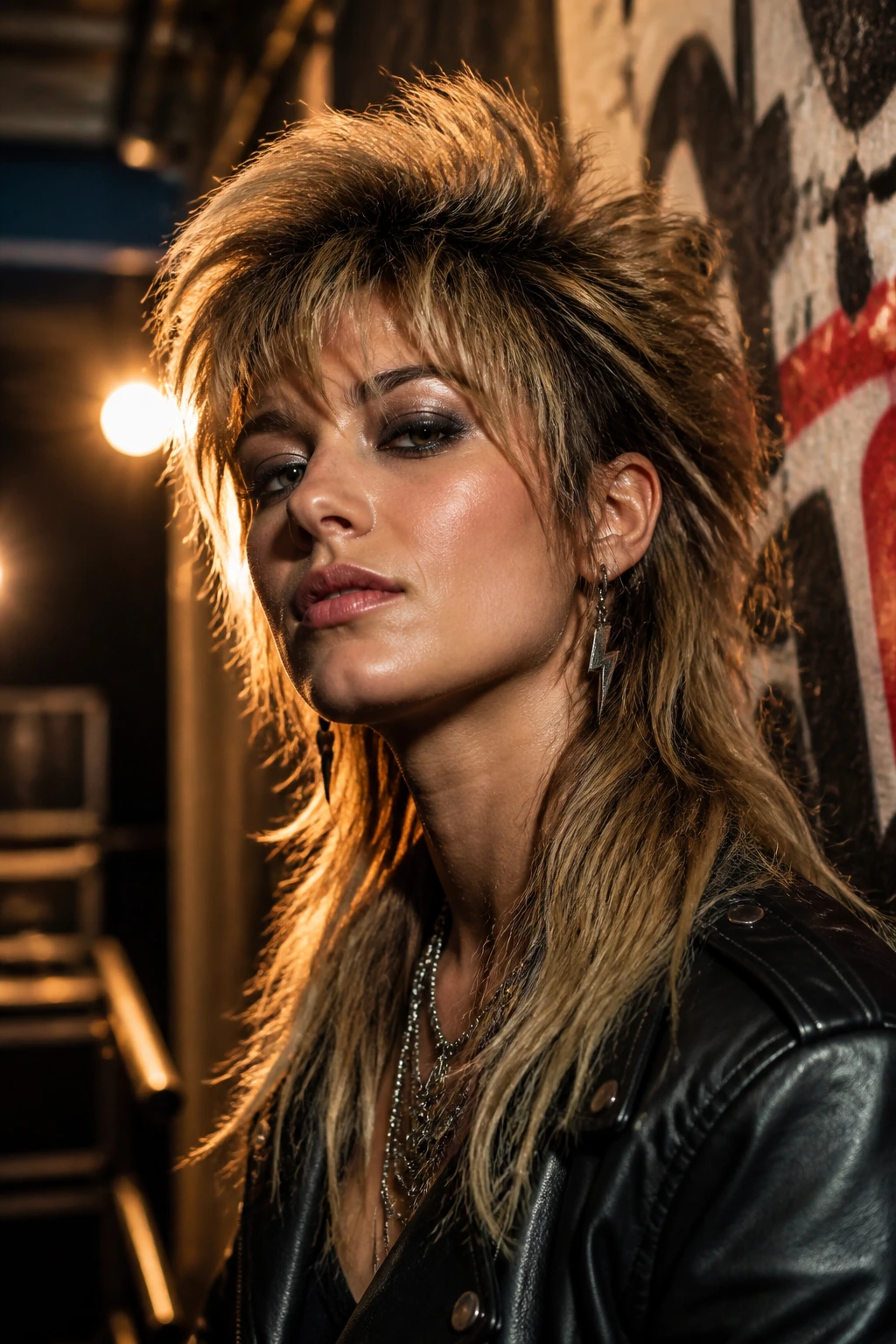 Close-up portrait of a person with retro rocker shag mullet backstage