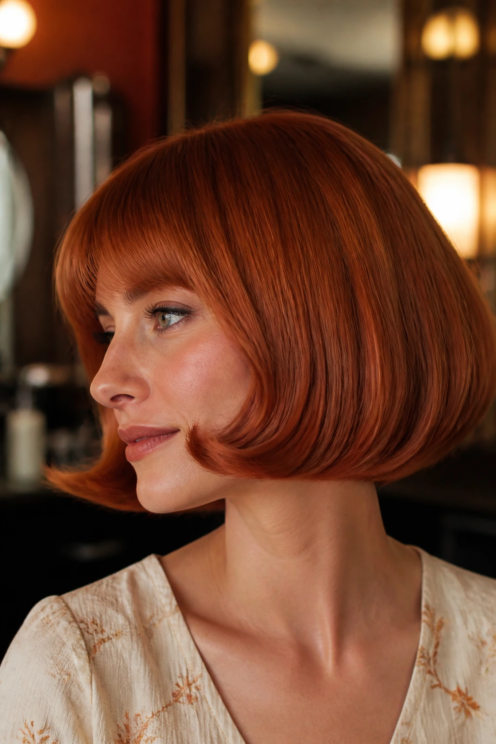 Close-up portrait of a real woman with a retro rounded copper bob showing curved ends and smooth crown