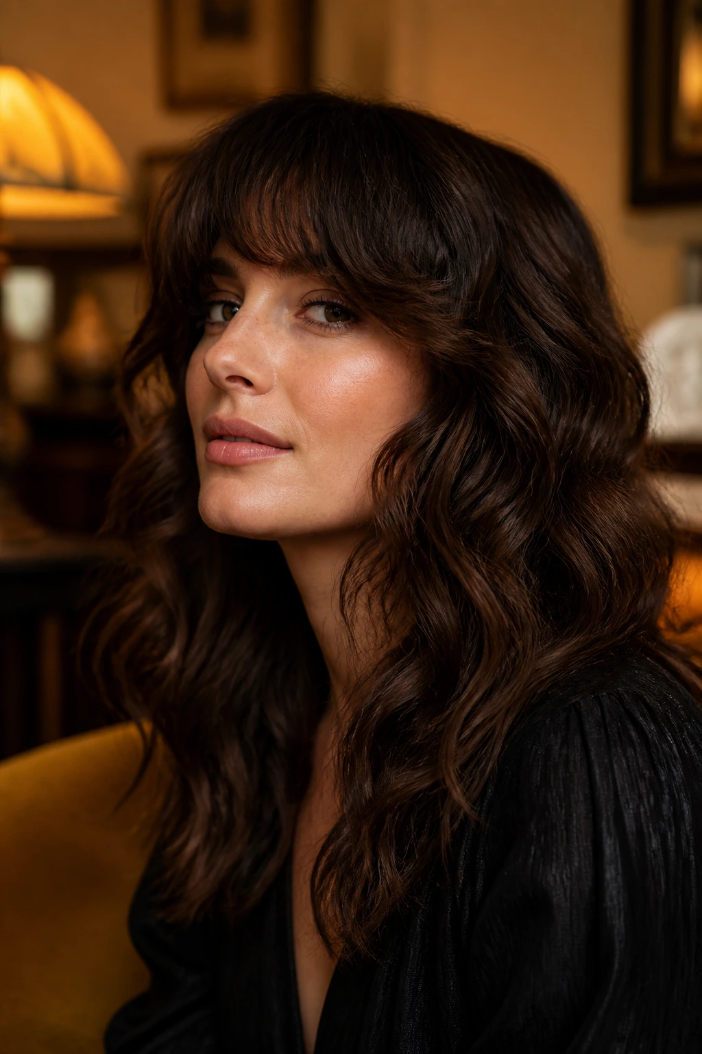 Close-up of a real woman with retro rounded fringe on thick waves in a vintage-lit room.