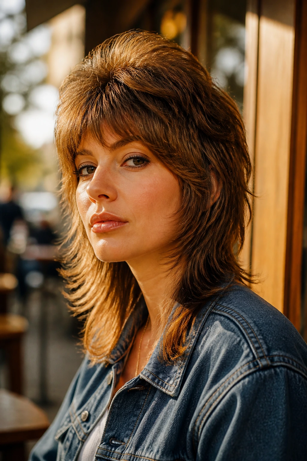 Close-up portrait of a real woman with retro 70s shag mullet featuring soft ends.