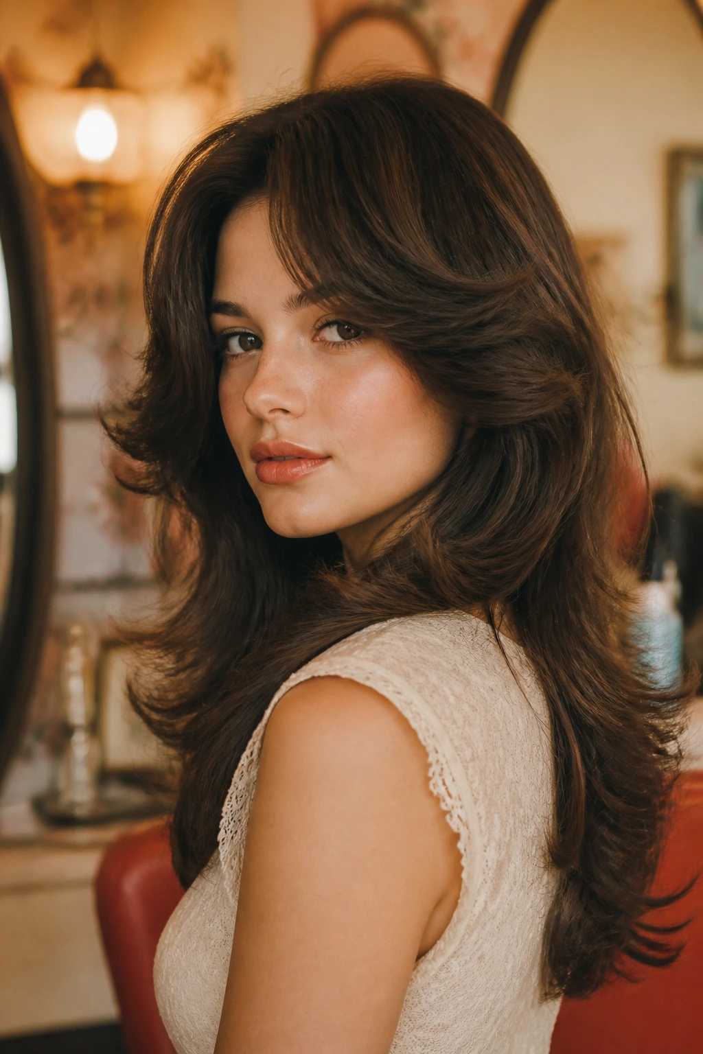Close-up portrait of a real woman with brushed-out retro butterfly shag and soft flip.