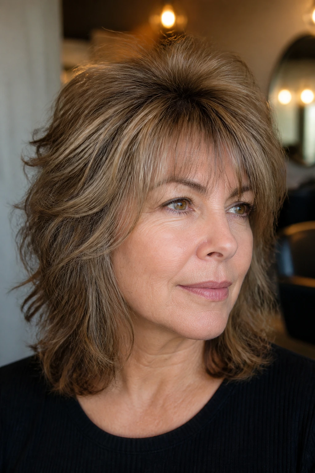 Close-up portrait of an older woman with a crown-lifted retro shag under warm salon light