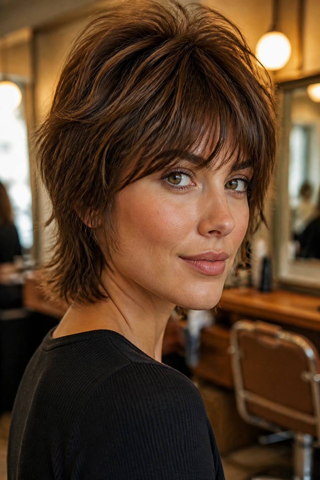 Close-up of a real woman with retro 70s short shag and feathered fringe