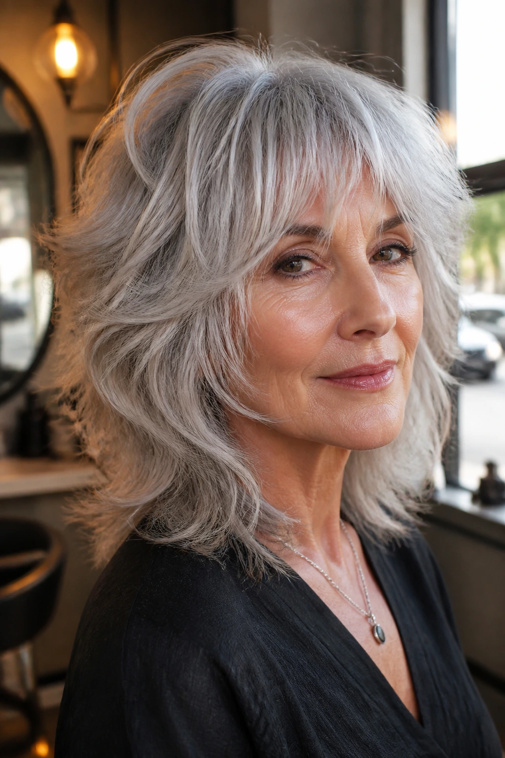 Close-up portrait of an older woman with retro shag hairstyle featuring soft layers and silver hair