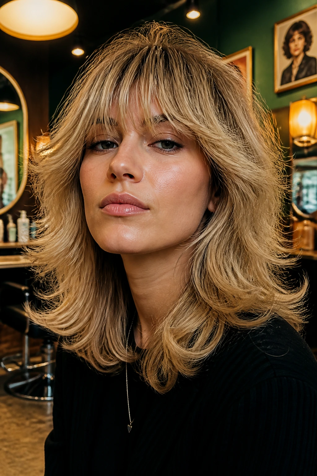 Close-up portrait of a real woman with a retro 70s shag and full fringe