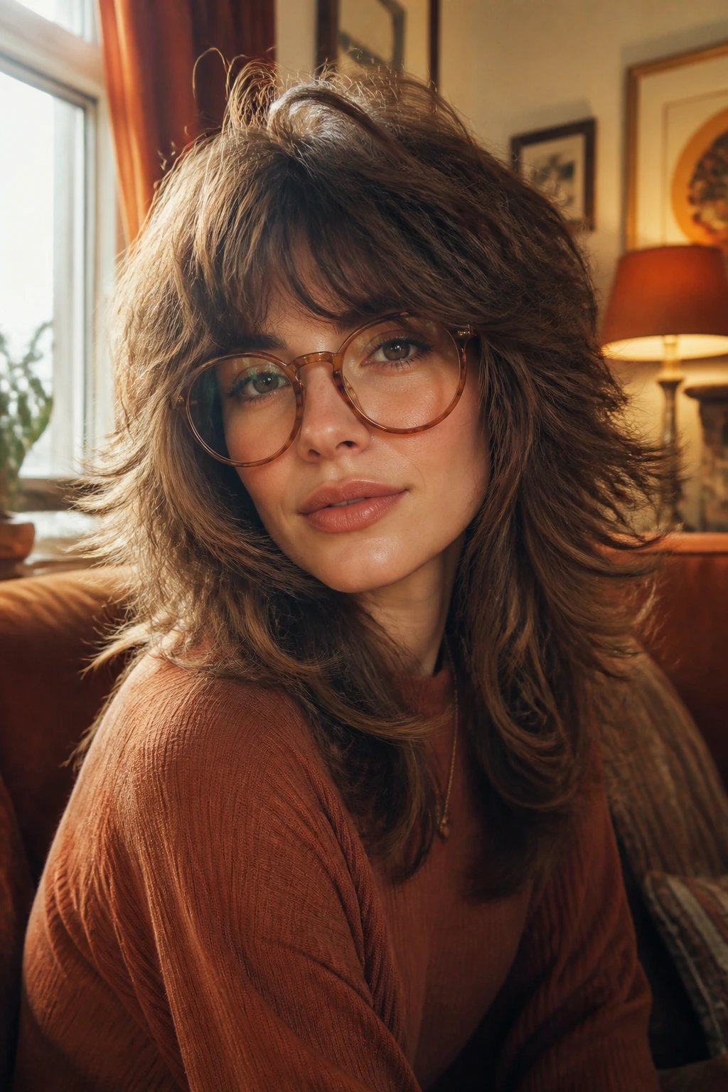 Close-up of a real woman with retro feathered shag and lifted crown, wearing round glasses in warm window light