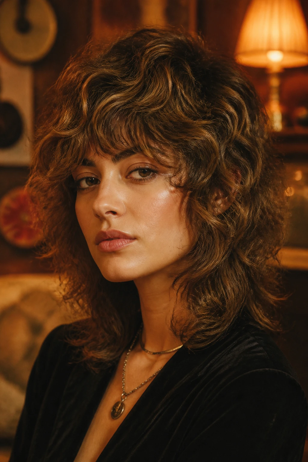 Portrait of a real person with retro shag wolf hairstyle featuring feathered ends and side part.