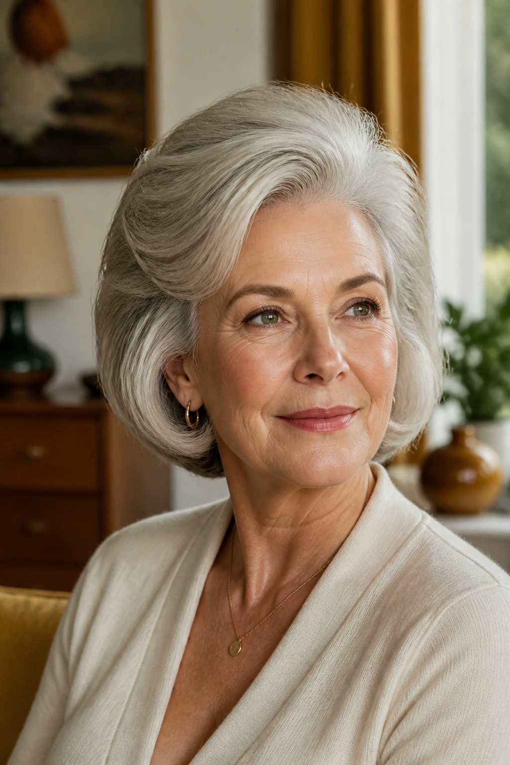 Close-up of an older woman with crown-lift retro hairstyle in warm living room light