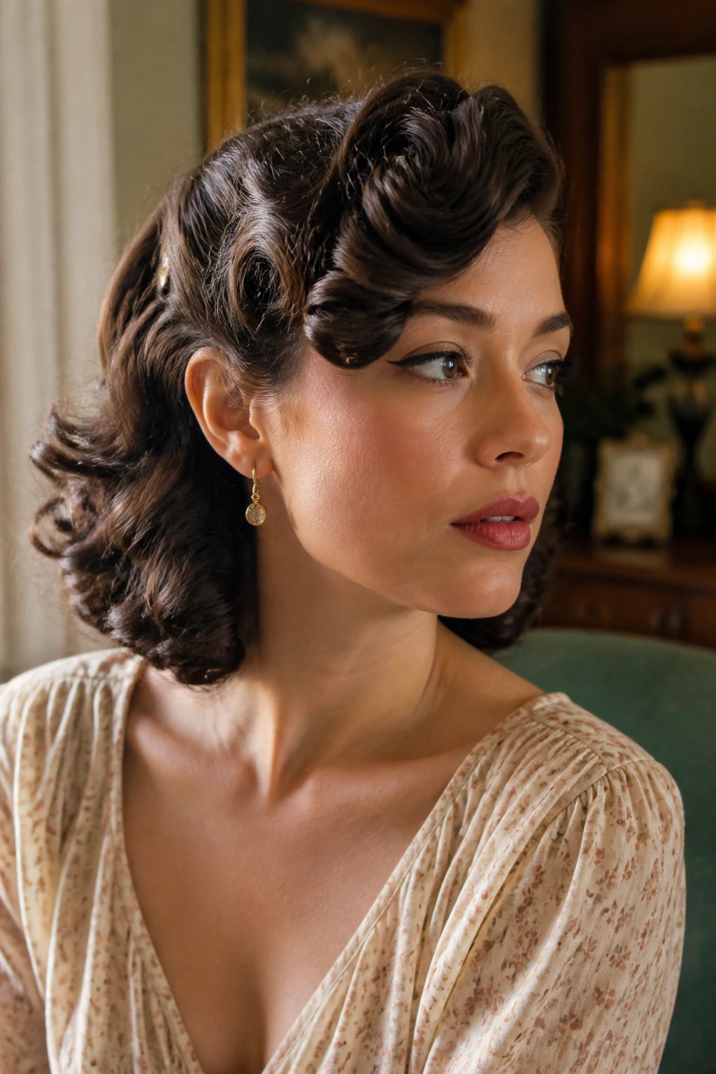 Profile portrait of retro side-swept waves and curls on a real woman