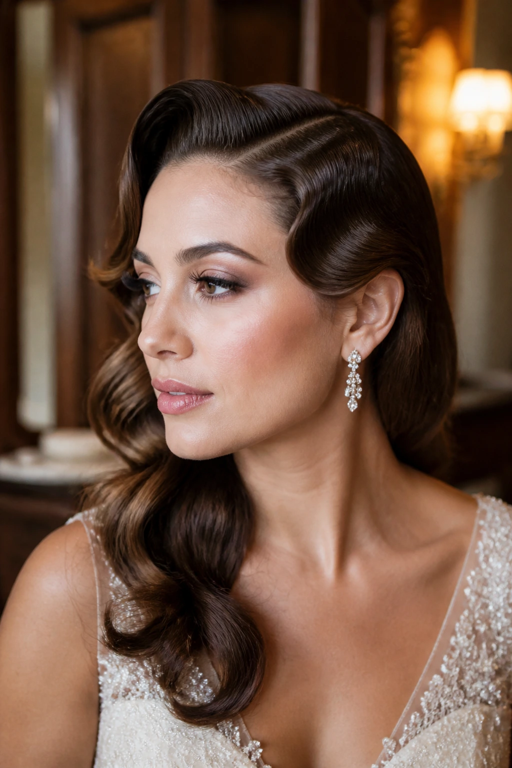 Close-up of a bride with retro side part and finger-waved front