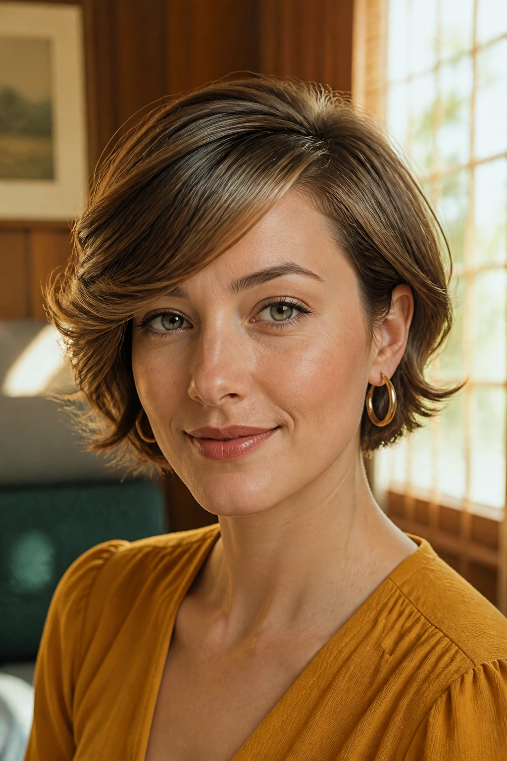 Close-up of a real woman with retro brush-out swoop hairstyle.