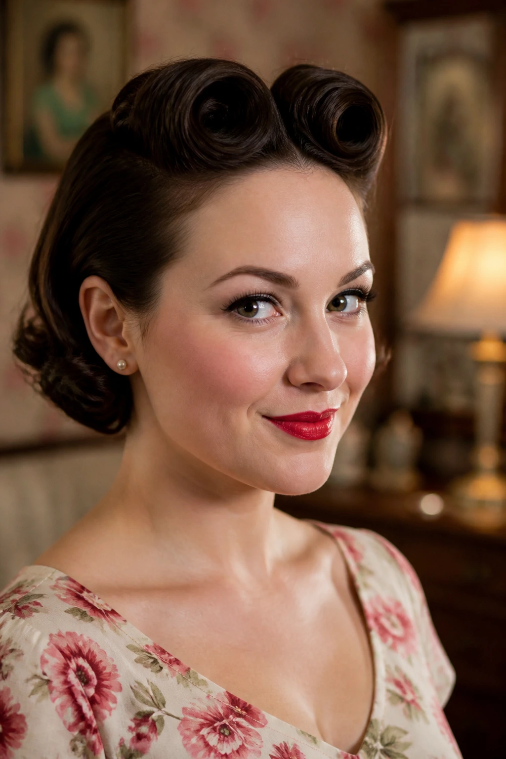 Close-up of a real person with retro victory rolls on short hair