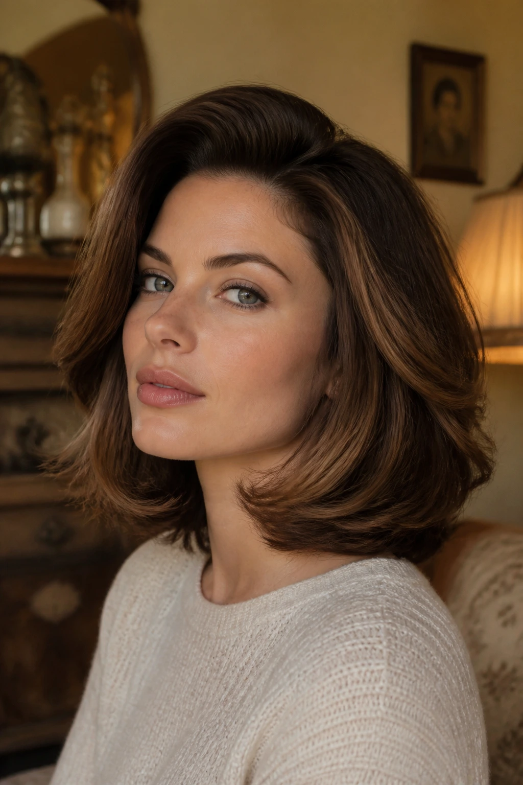 Close-up of a real woman with retro volume lob showing lifted crown
