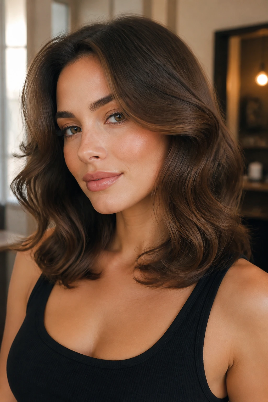 Close-up of a real person with brushed-out retro waves below the jawline in warm light