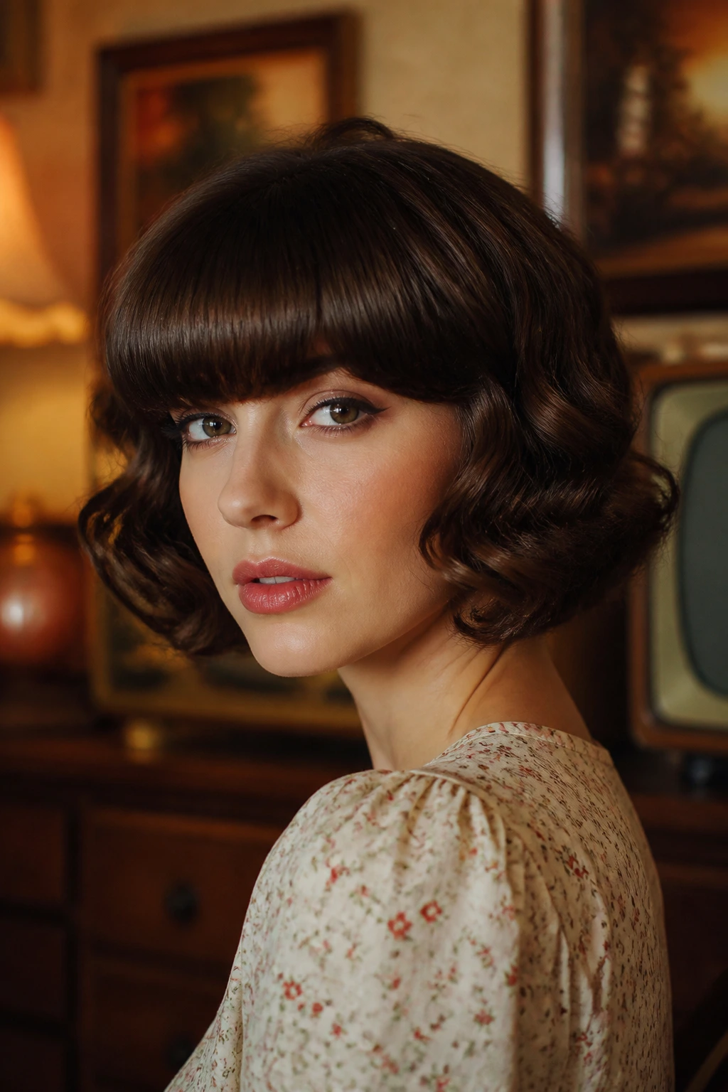 Real woman with retro wavy bob and thick fringe, vintage vibe, warm light.