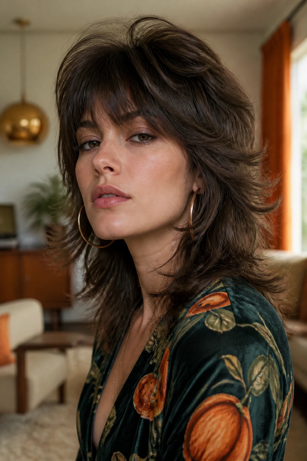 Portrait of real person with retro seventies wolf cut in a vintage living room setting.