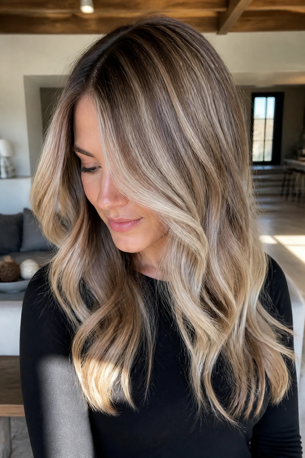 Close-up portrait of a real woman with reverse balayage blonde and lowlights