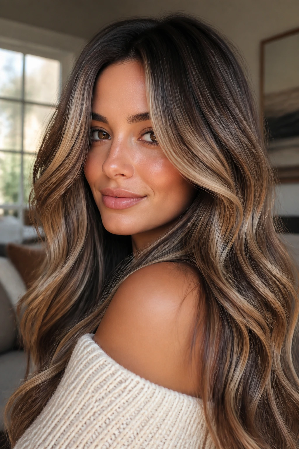 Real woman with reverse balayage brunette showing deep lowlights through blonde
