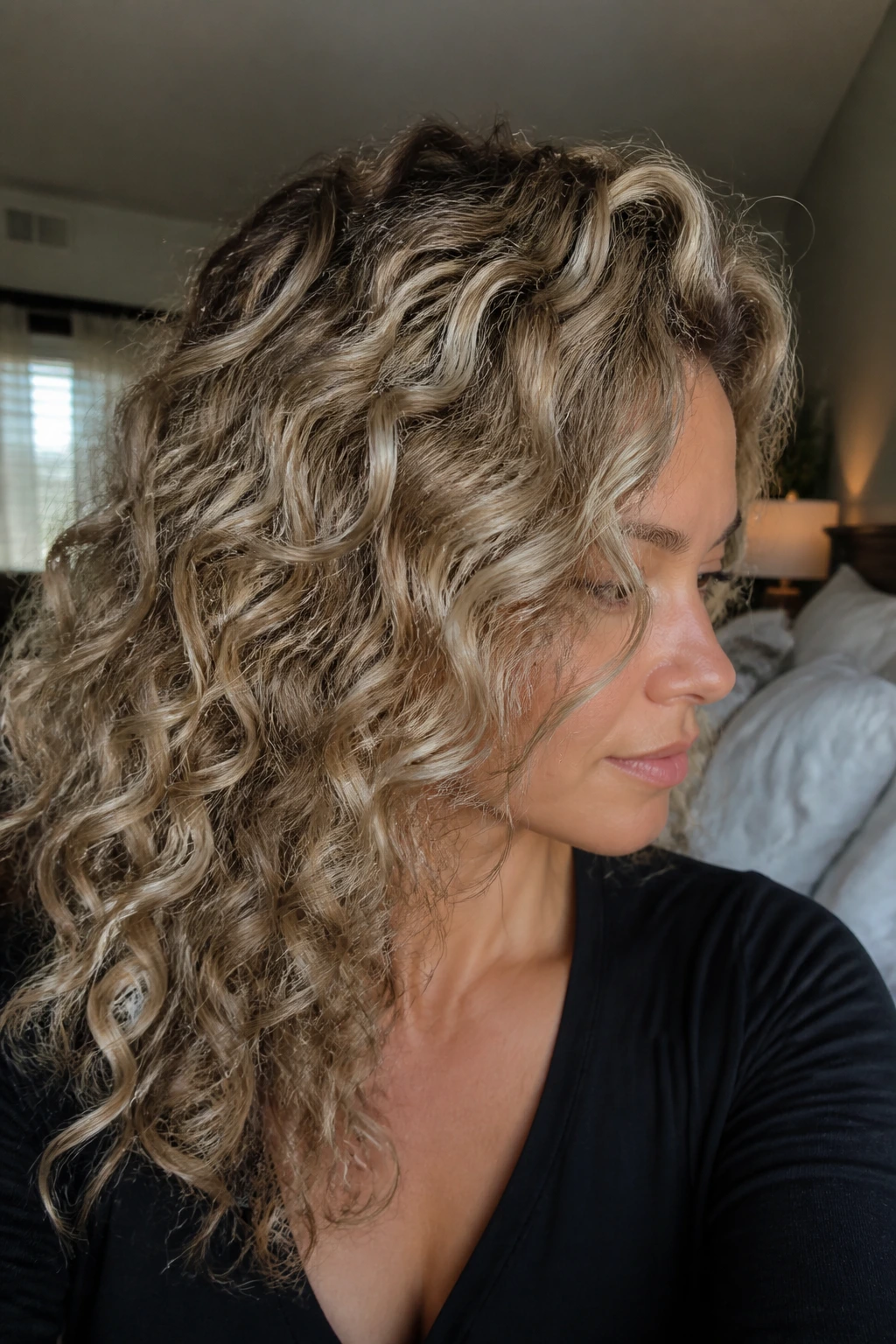 Close-up of blonde curls with darker lowlights showing reverse balayage