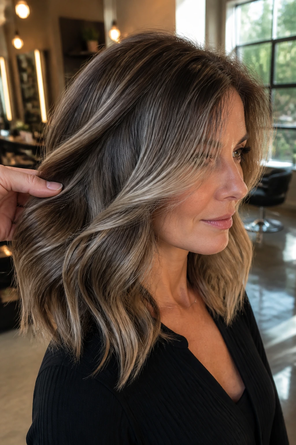 Close-up of brunette hair with reverse balayage showing deeper underlayers around crown