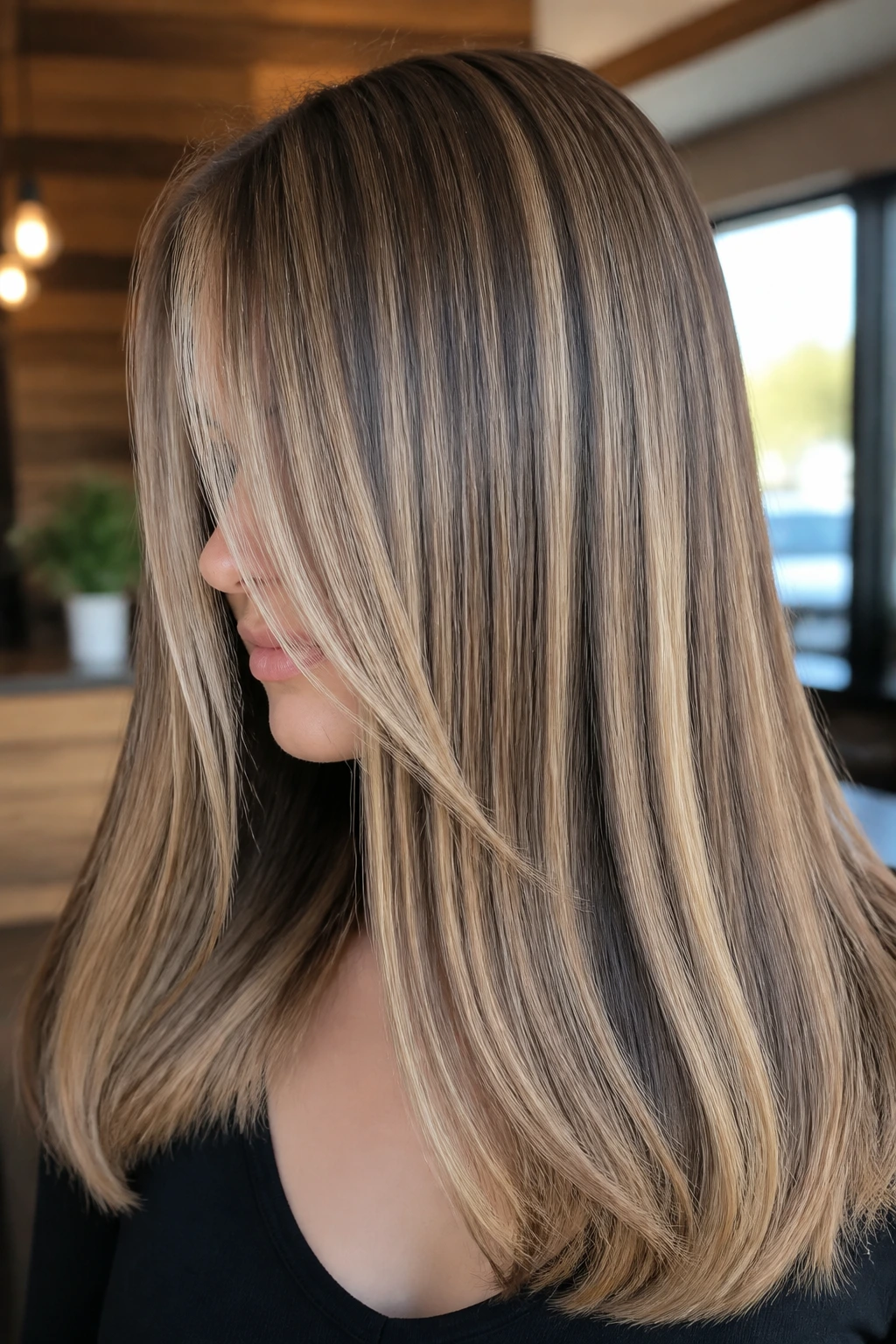 Close-up of a real woman's straight hair showing reverse balayage depth with darker lowlights.