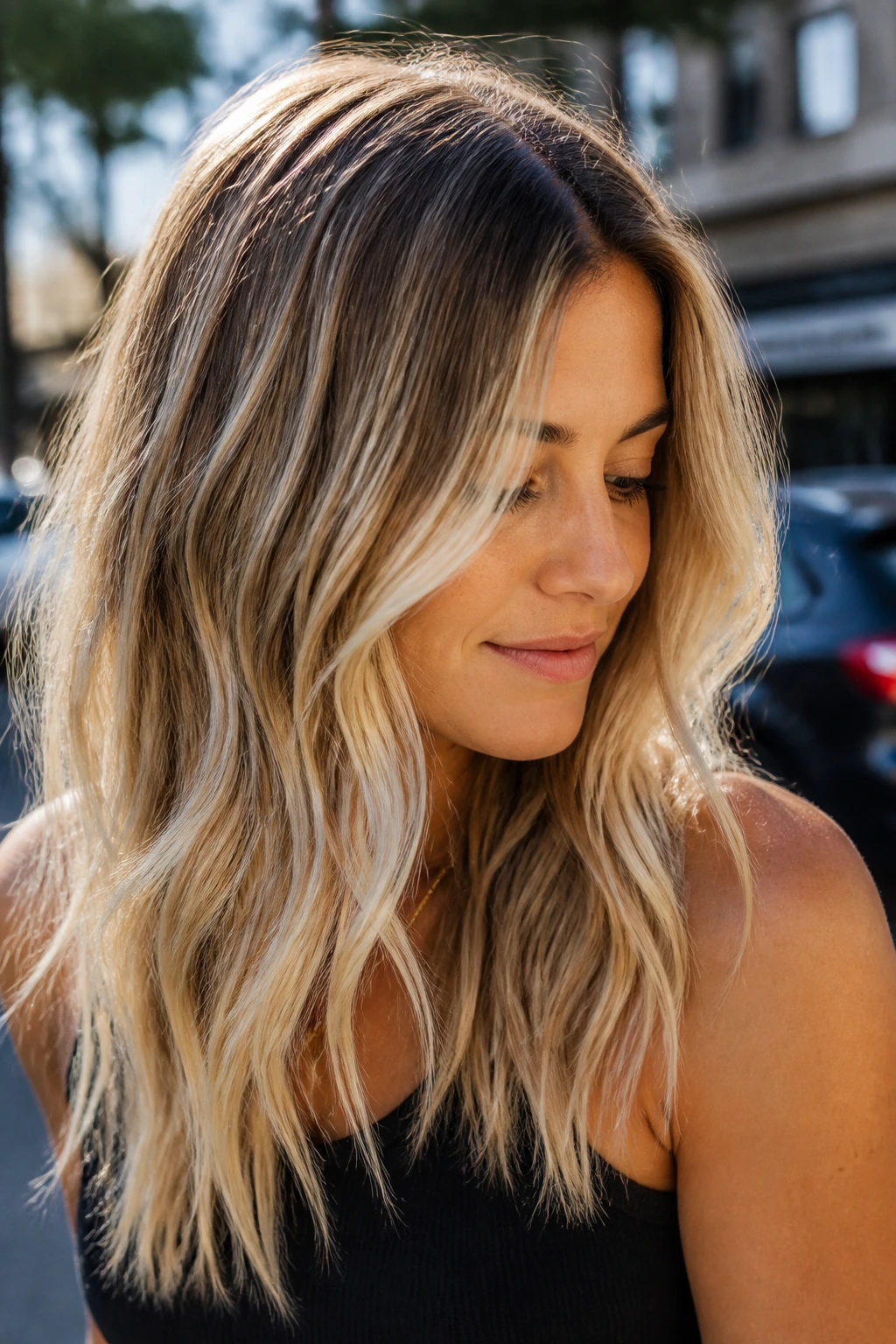 Close-up of reverse balayage with dark lowlights in lighter ends on a real woman