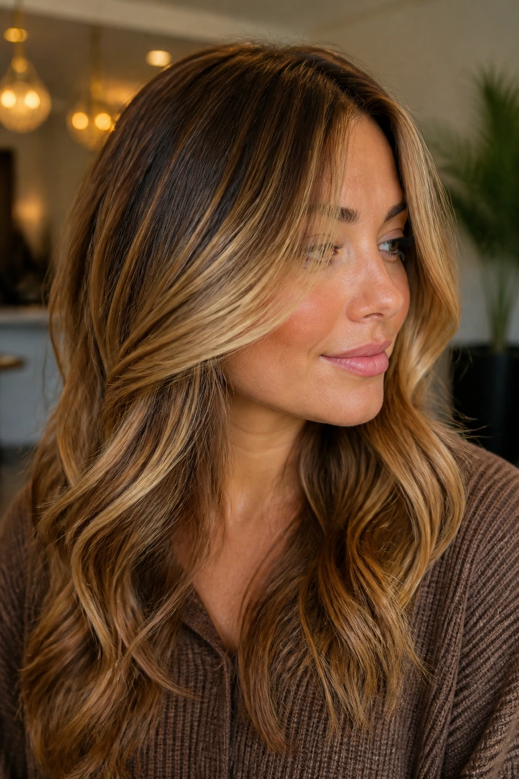 Close-up of reverse balayage with darker roots and honey blonde on top