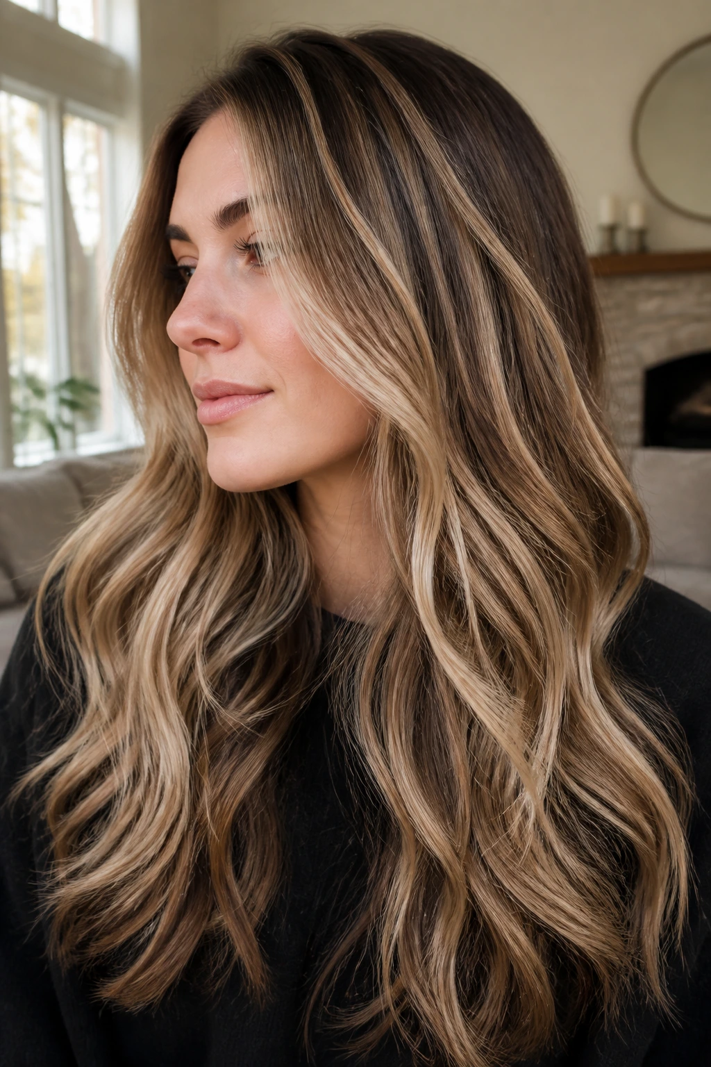 Portrait of a real woman with reverse balayage showing darker ribbons through long hair.