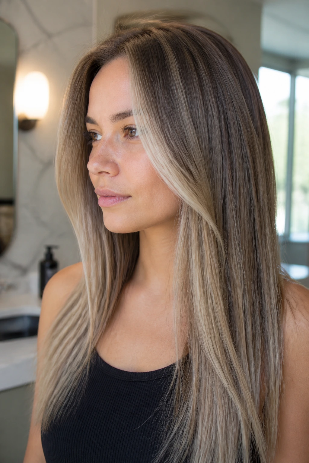 Close-up of a real woman's over-lightened hair with reverse balayage lowlights