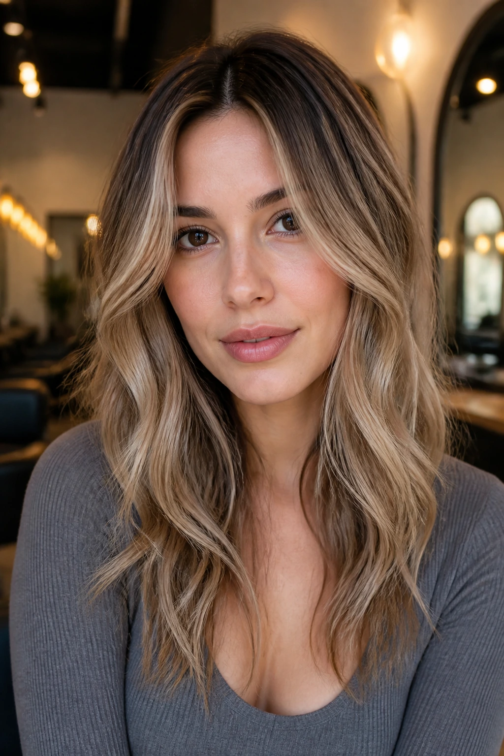 Real woman with darker roots and softer blonde through reverse balayage