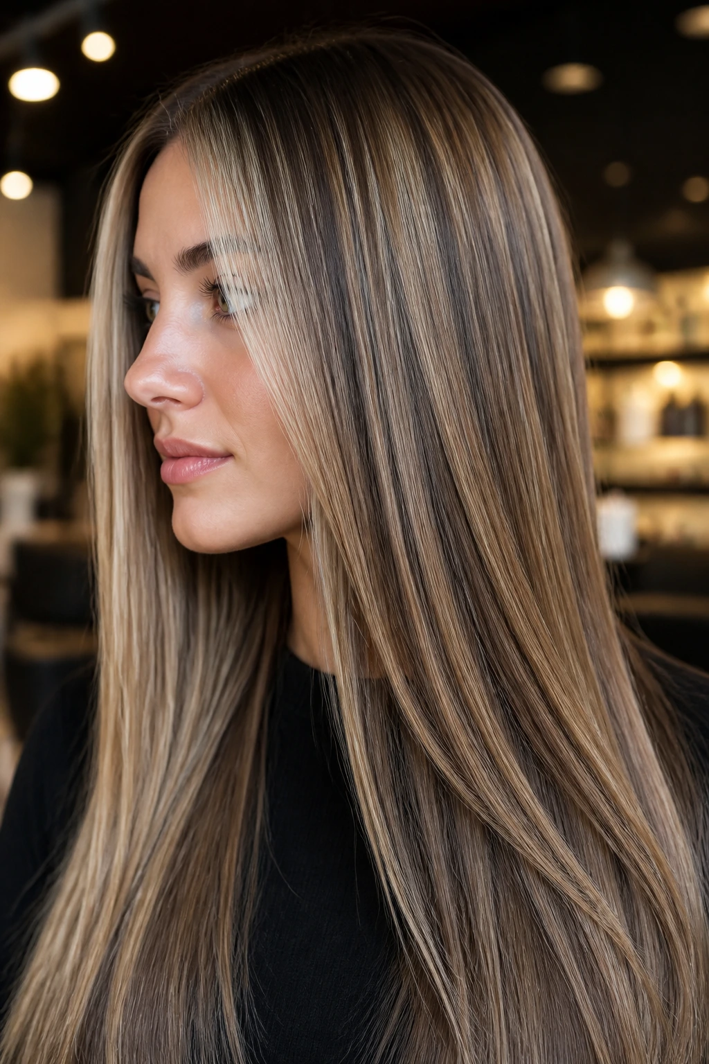 Close-up of a real woman with straight hair showing darker ribbons via reverse balayage
