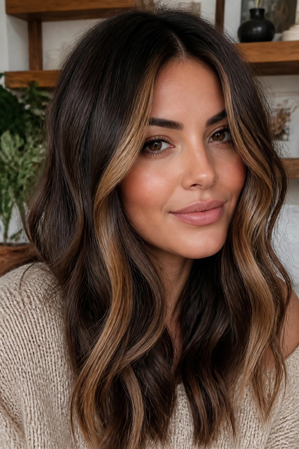 Brunette with reverse balayage showing darker ribbons and warm face-framing pieces.
