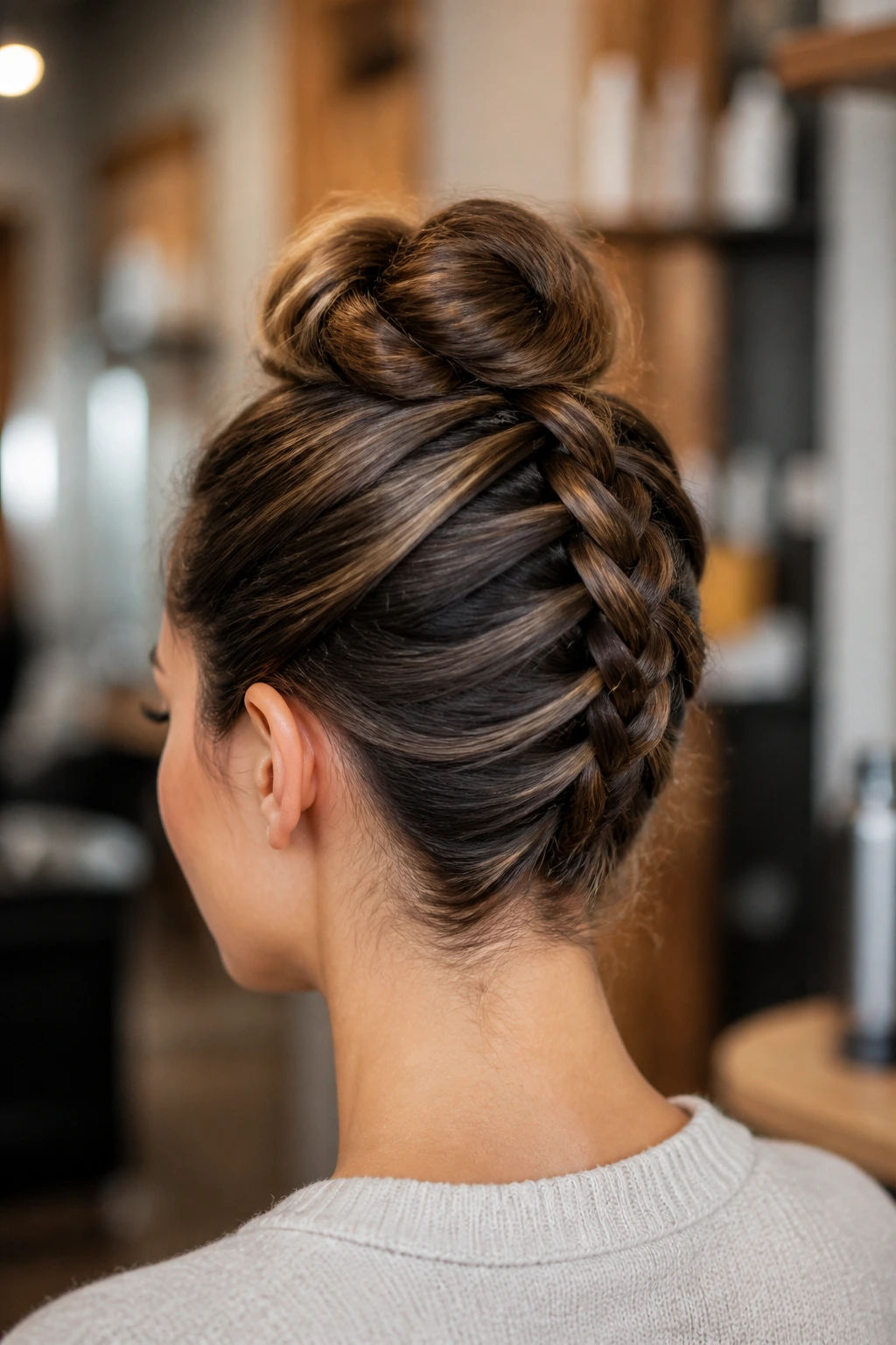 Close-up of a real woman's head showing reverse French braid up to a bun.