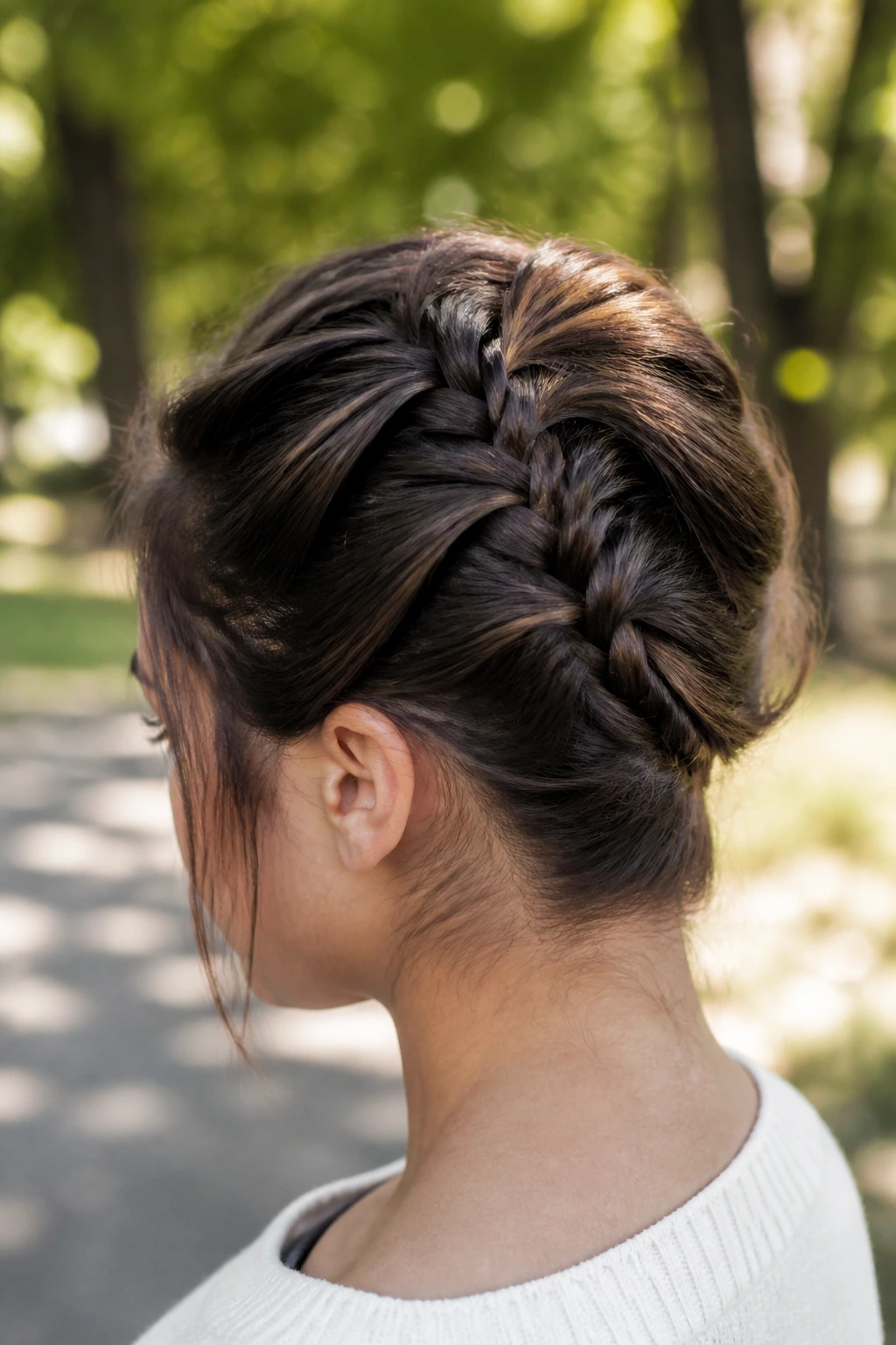 Close-up of a real woman showing a braid that rises from the nape to the crown and is tucked.