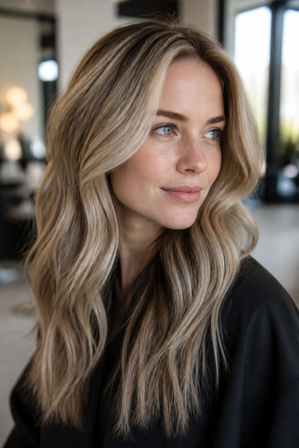 Close-up portrait of a real woman showing reverse foilayage depth in blonde hair with shadowy ribbons in a natural-light salon