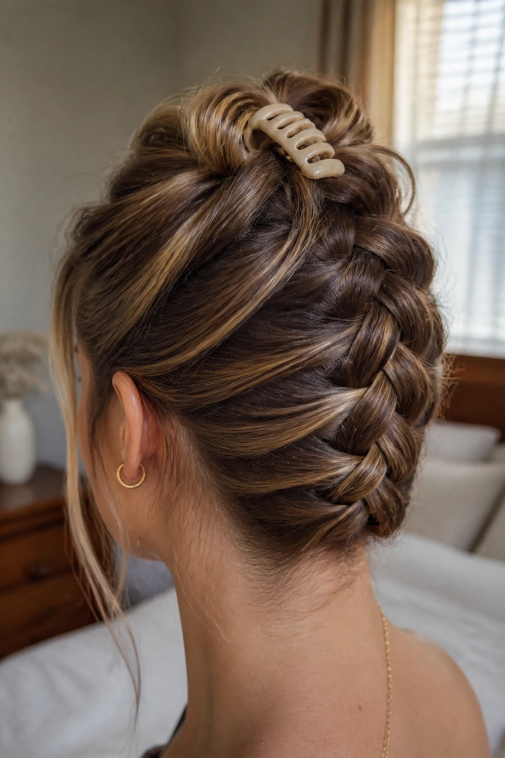 Close-up of a real woman with a reverse French braid secured by a claw clip at the crown