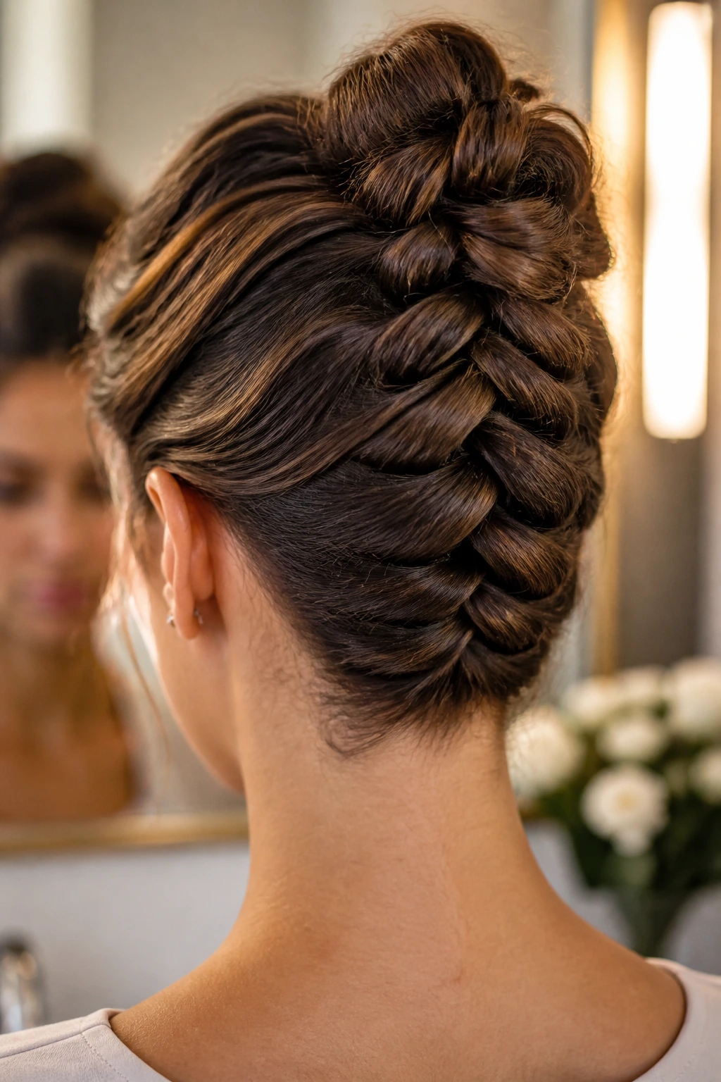 Close-up of real woman's head with reverse French braid updo at nape.