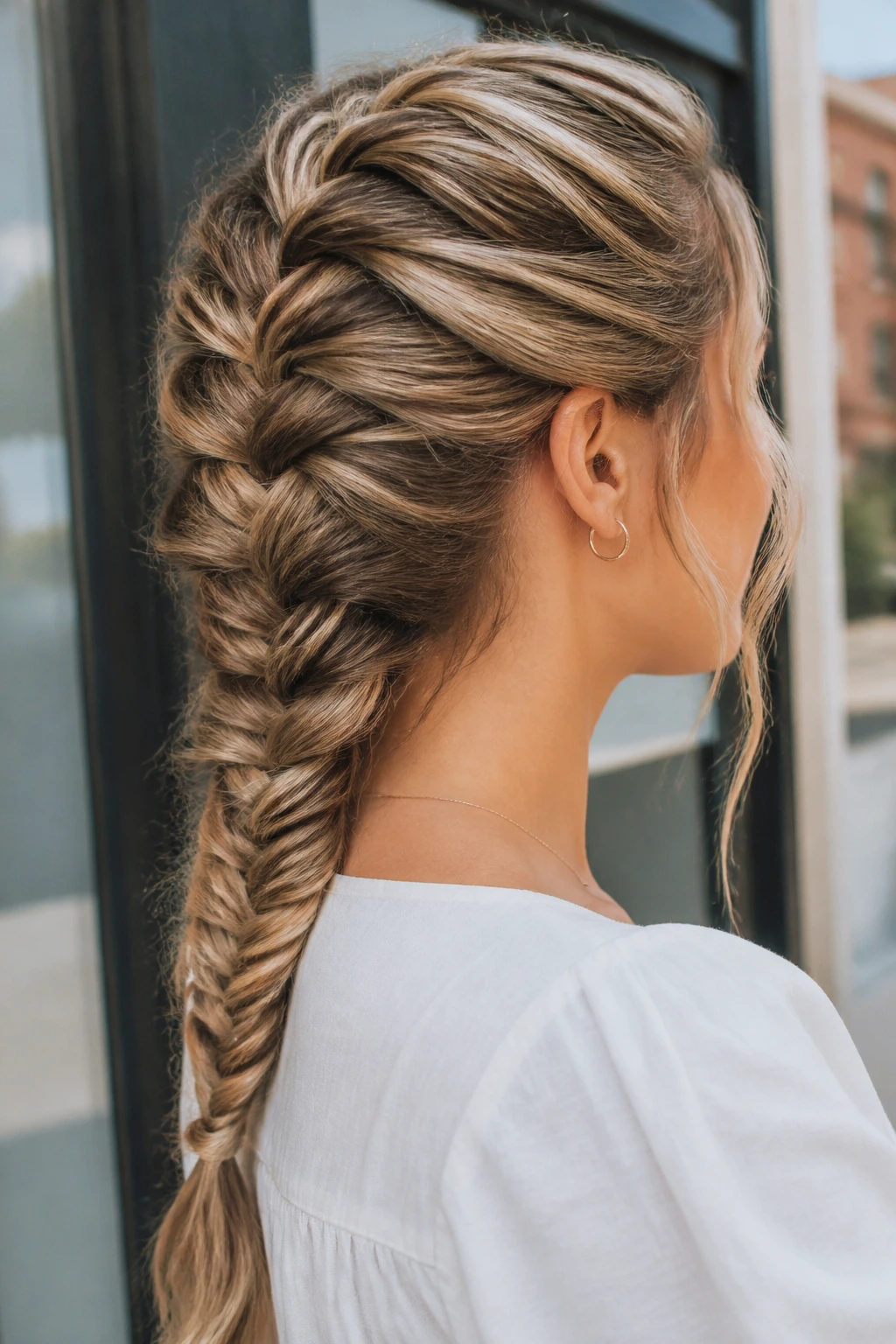 Close-up of a real woman with reverse inside-out fishtail braid