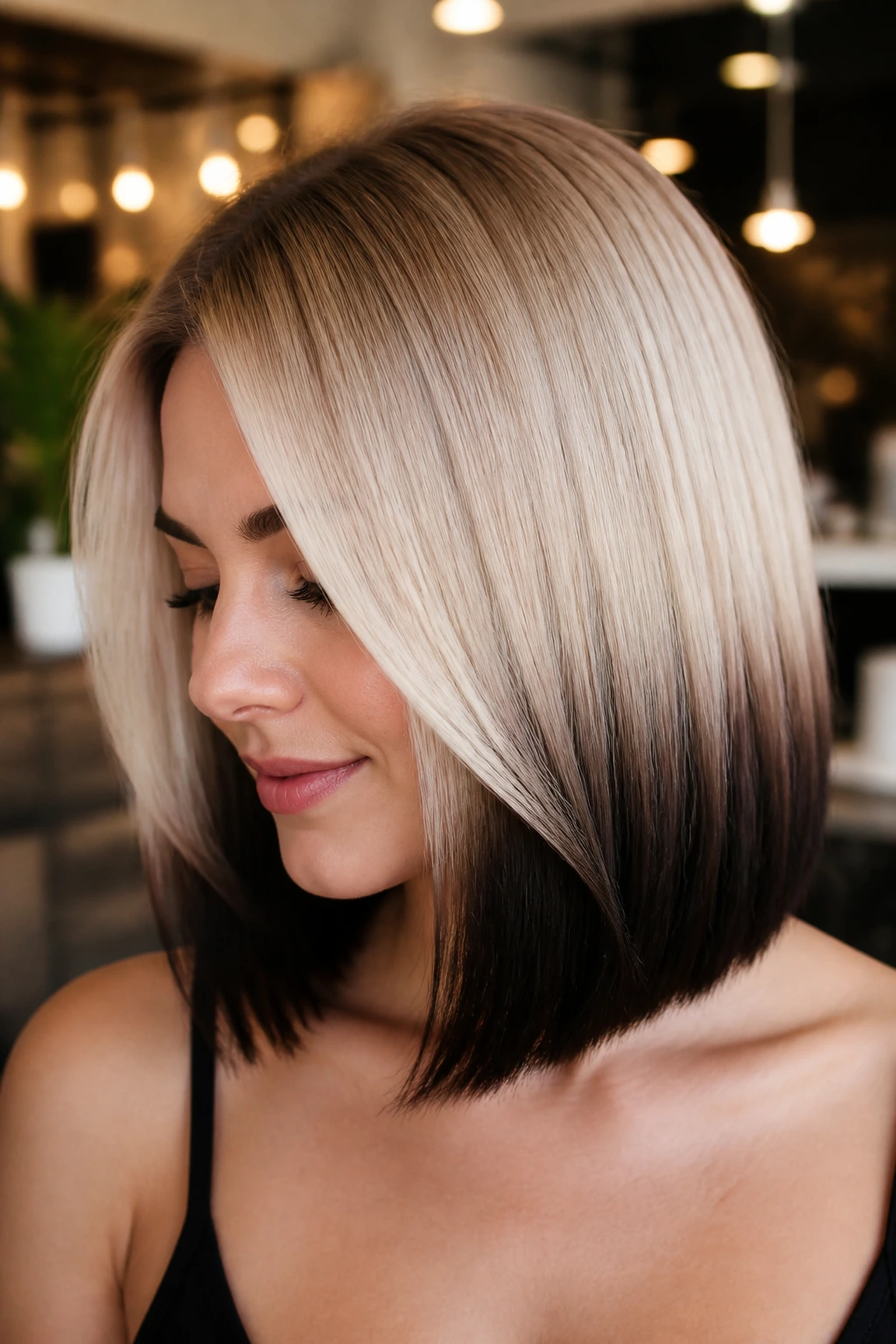 Close-up of a real woman's hair showing lighter roots fading to dark ends in a reverse ombre on a blunt cut