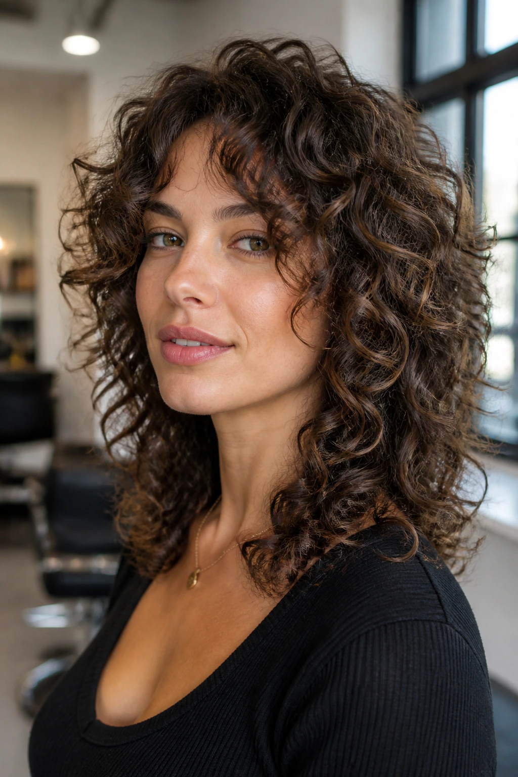 Close-up of a real woman with Rezo-cut blended front layers curling around the face