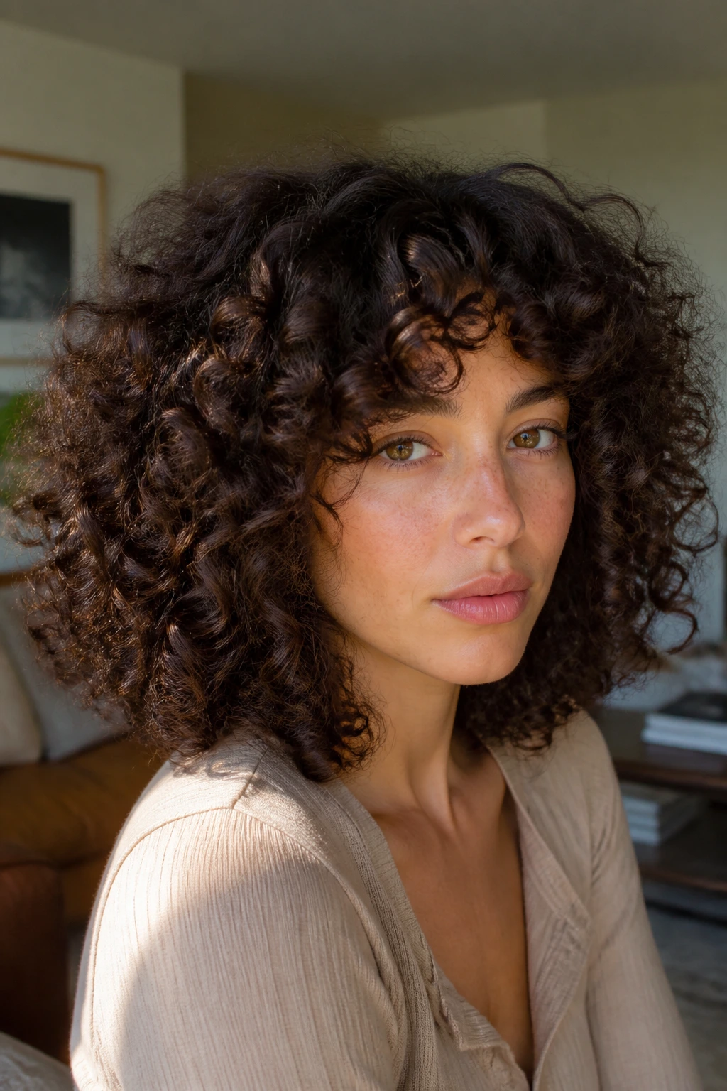 Close-up portrait of a real woman with evenly distributed curls in a balanced Rezo-cut silhouette