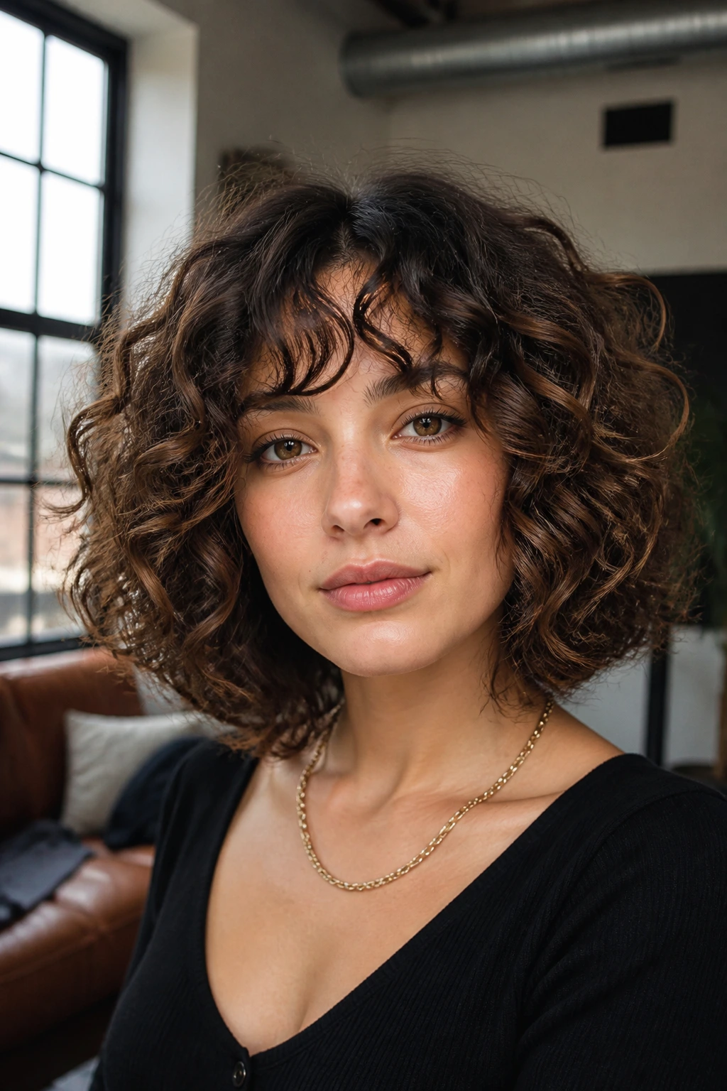 Close-up of a real woman with a Rezo-inspired curly lob and balanced round volume