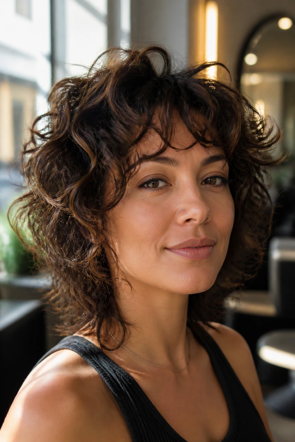 Close-up portrait of a real woman with a Rezo-Lift Curly Shag hairstyle