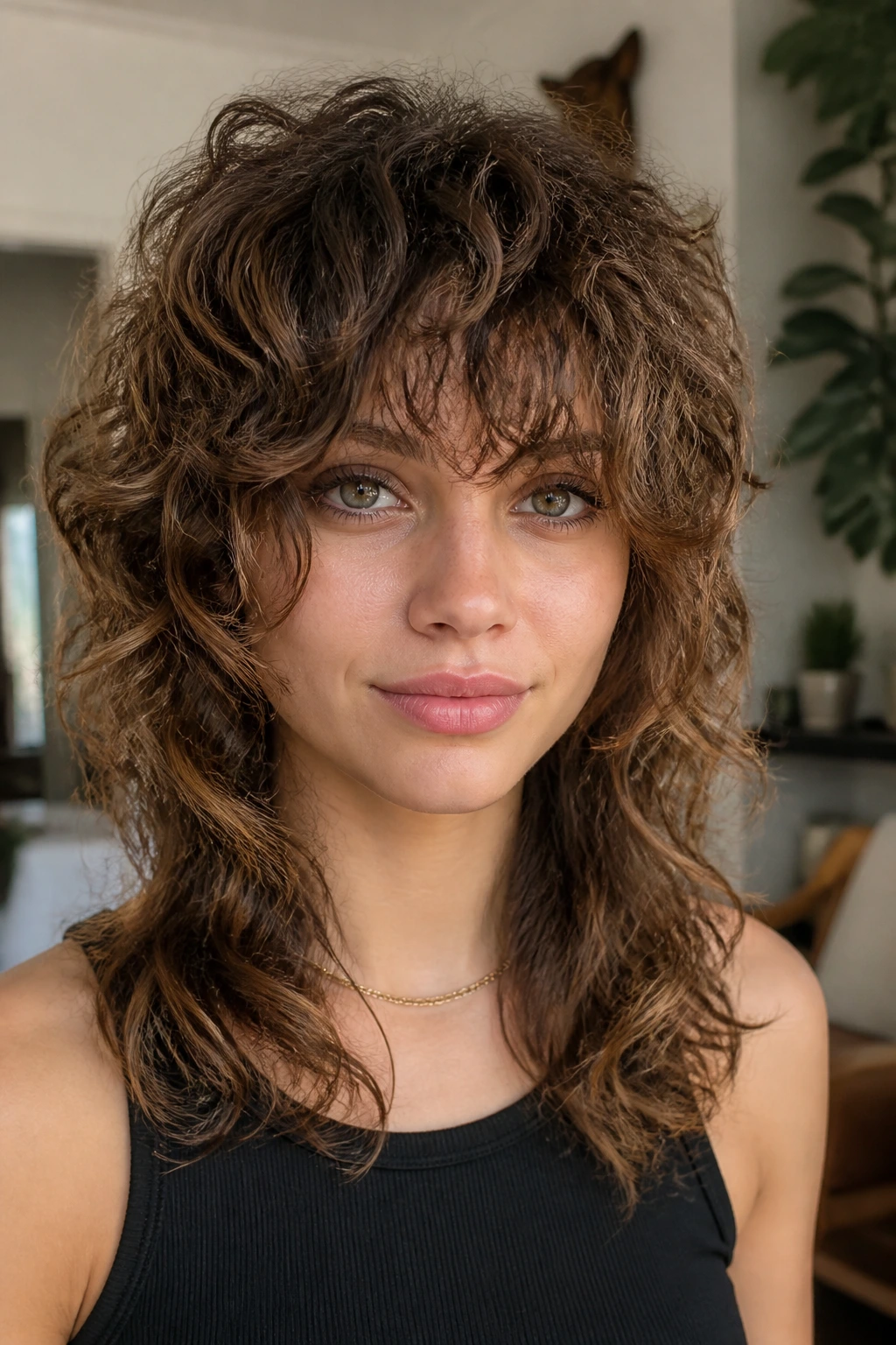Close-up portrait of a real woman with long bangs integrated into a curly shag