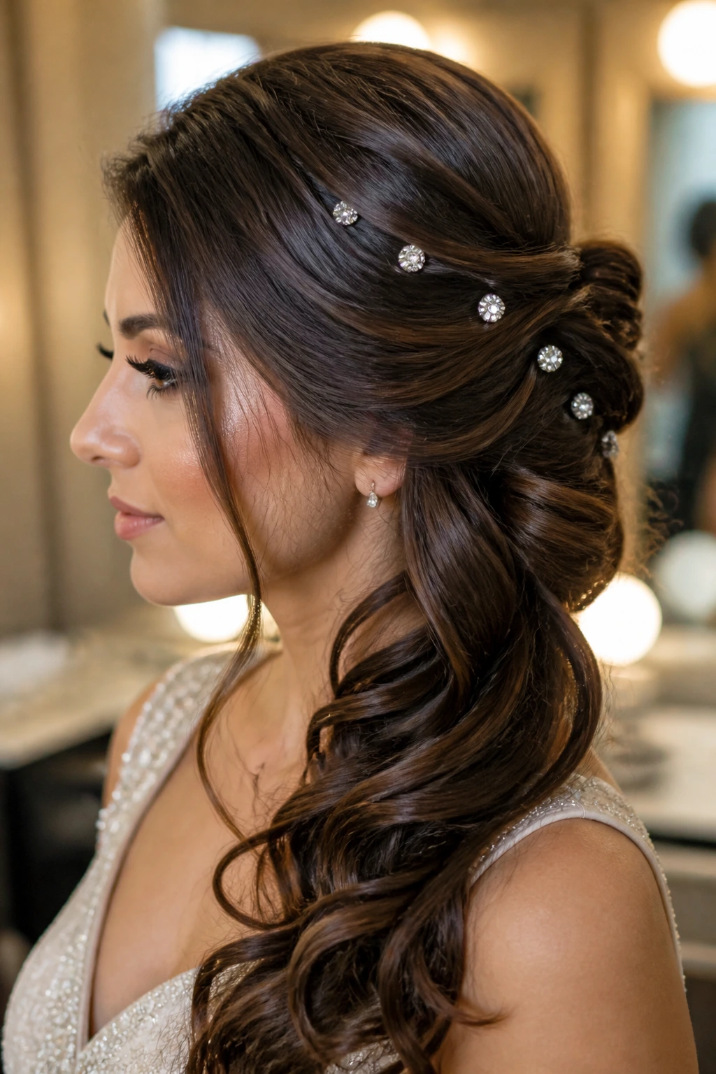 Close-up of a woman with rhinestone-side swept hairstyle in warm, soft lighting