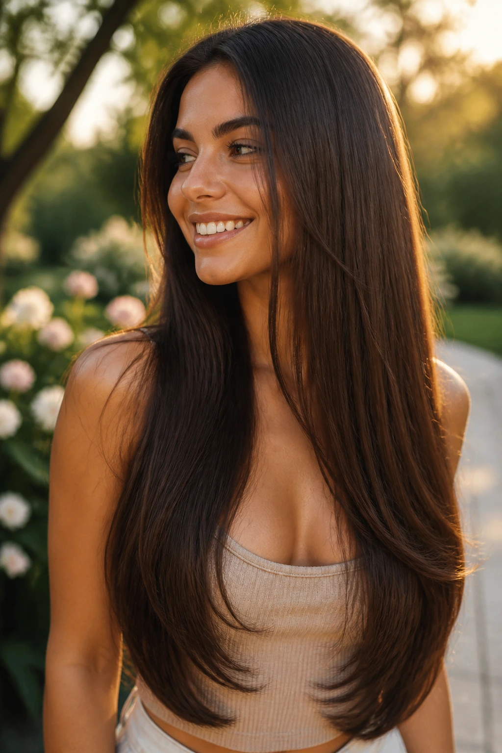 Real woman with rib-cage starting layers in long hair in golden hour light