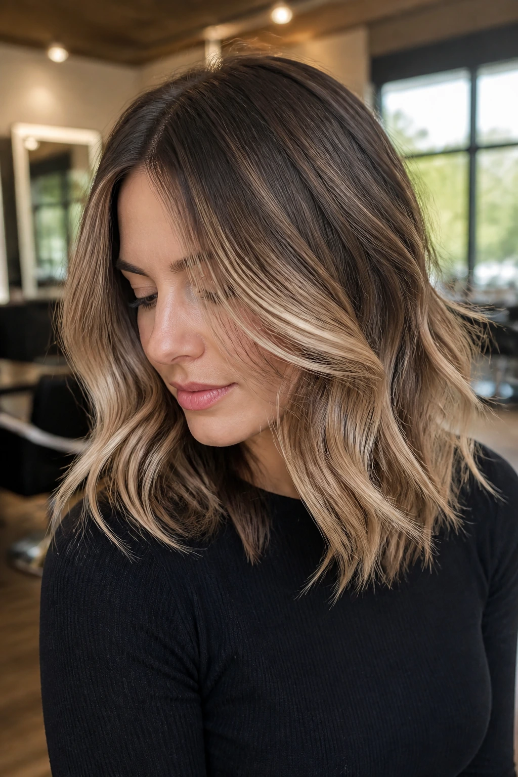 Close-up of hair with ribbon balayage starting below cheekbone in a salon setting