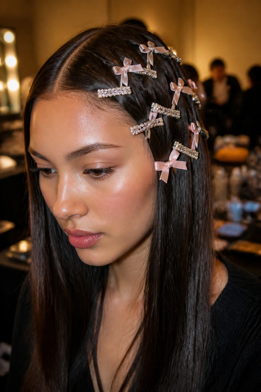 Real person with ribbon and barrettes grid in straight hair