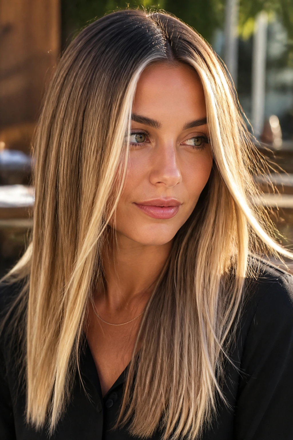Close-up portrait of a real woman with ribbon blonde highlights on straight hair.